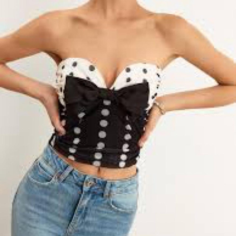 Commense Black and White Polka Dot Bow Strapless Top small NWT